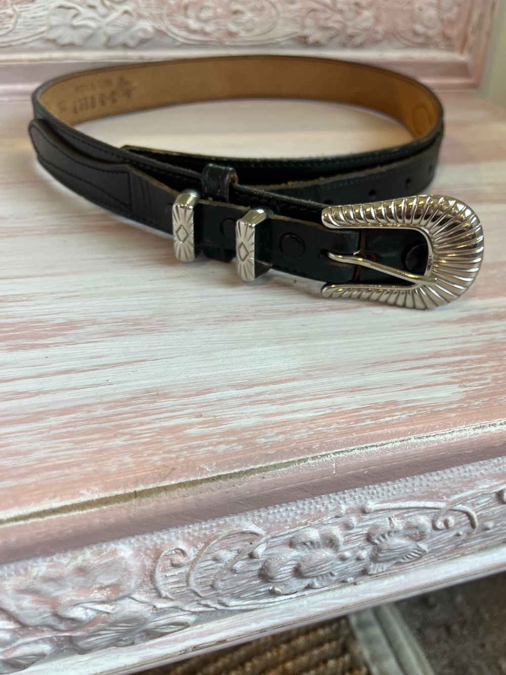 Full Grain CowHide Black Leather Belt with Decorative Silver Buckle 26inch